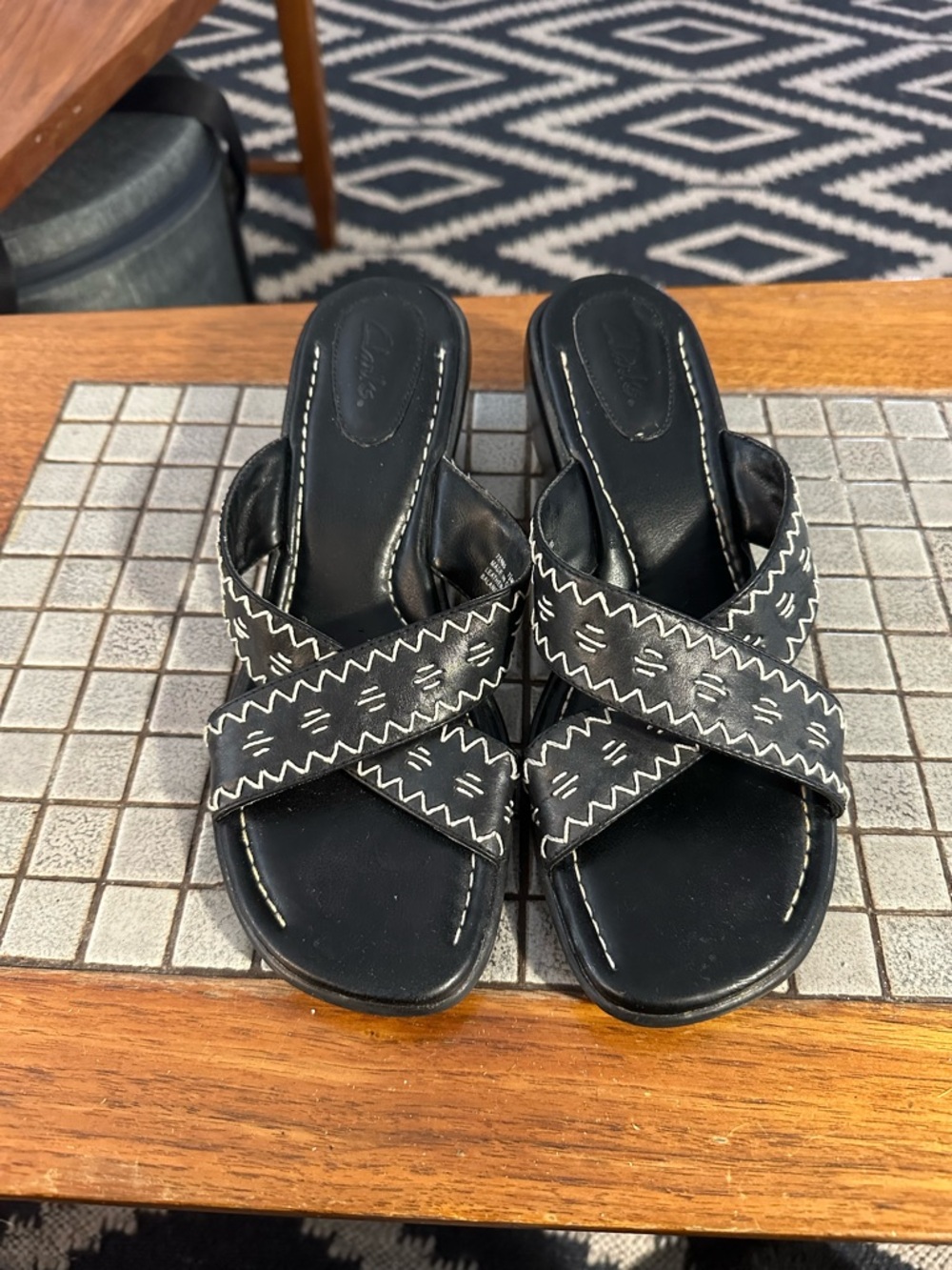 Clarks Black Leather Slide Sandals with White Stitching 7.5